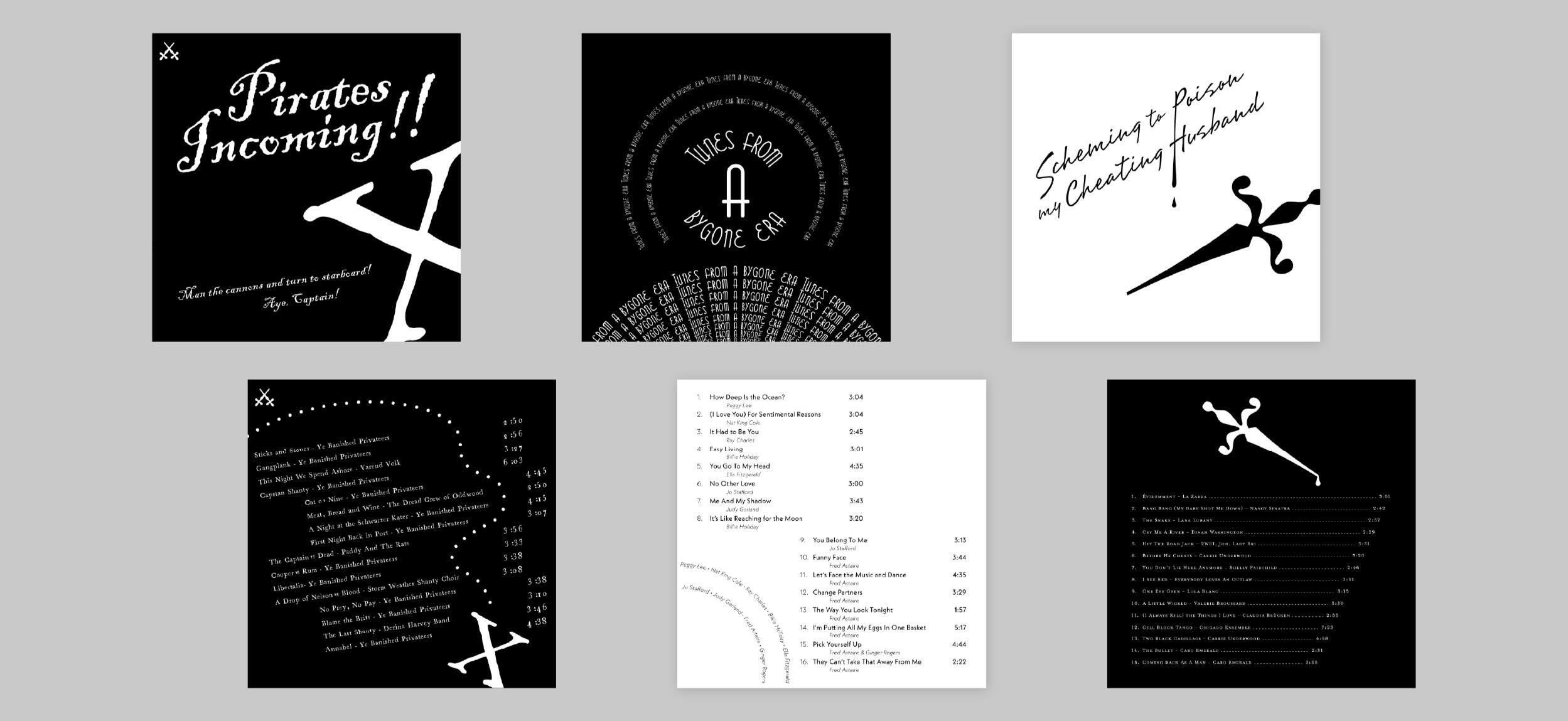 Album Covers "Typography Experimentations"︱2023 A set of three themed album covers, front and back, designed only using typography glyphs. Featuring: pirate, femme fatale, and early 20th century themed playlists.