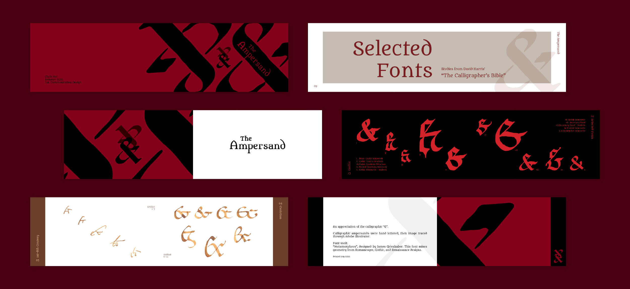 Booklet "Glyph: The Ampersand"︱2023 A booklet featuring the evolution of the ampersand and early styles such as post roman, insular, gothic, and renaissance. Calligraphy was done by hand, then scanned and image traced in Adobe Illustrator.
