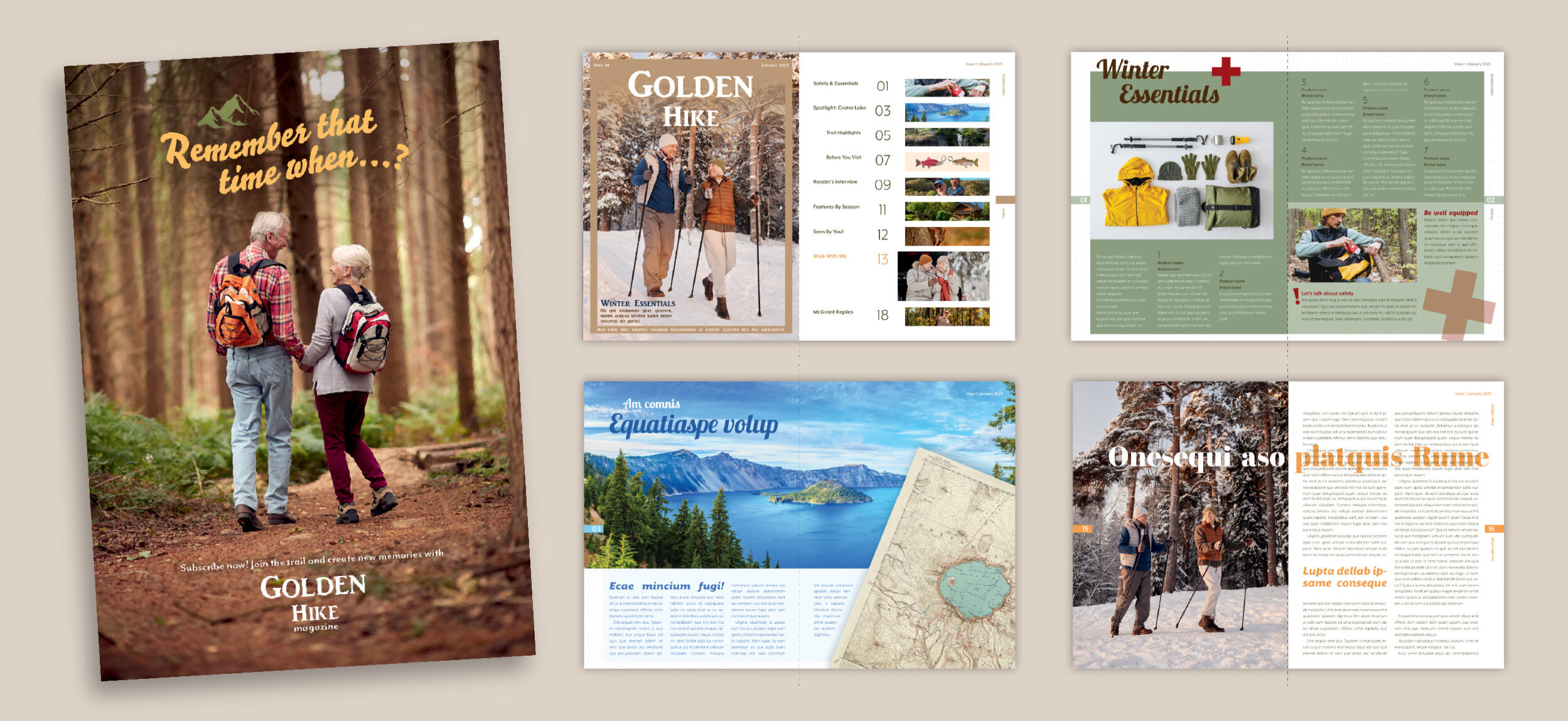 Publication "Golden Hike"︱2023 An editorial university project for a fictional hiking magazine targeted towards elders. Used Mr.Eaves typeface and a natural colour palette for comfort.