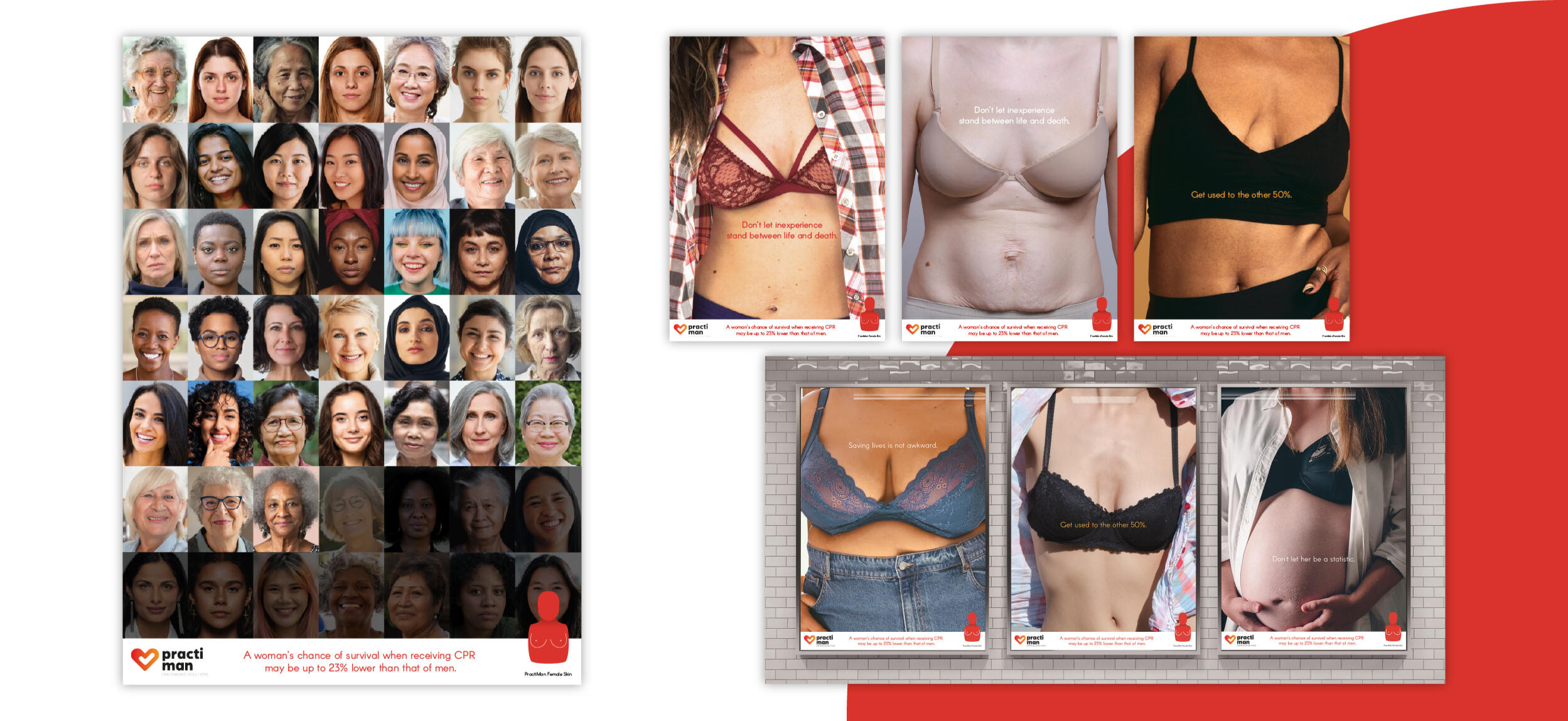 Integrated Design "Practiman Female Mannequin Skin"︱2024 University project for a female skin attachment for CPR dummies. The campaign highlights the importance of training with female anatomy to save real lives.