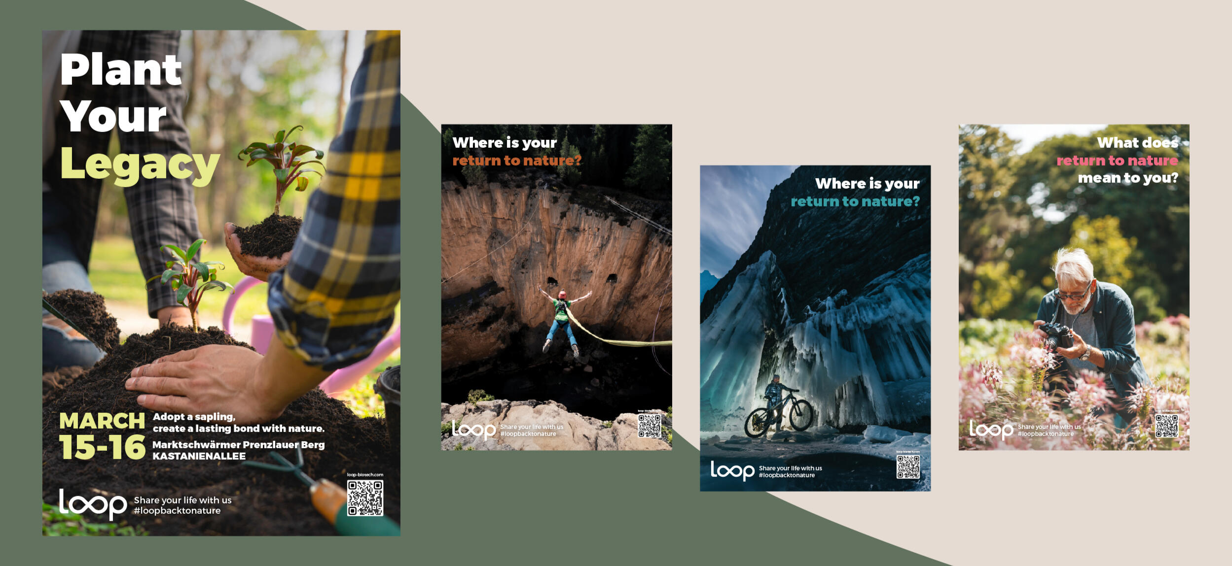 Integrated Design "Loop Biotech"︱2024 University project. A design campaign for Loop biotech, a company that produces eco-conscious coffins. The design campaign promotes humans’ connection with nature and a desire to return to it.